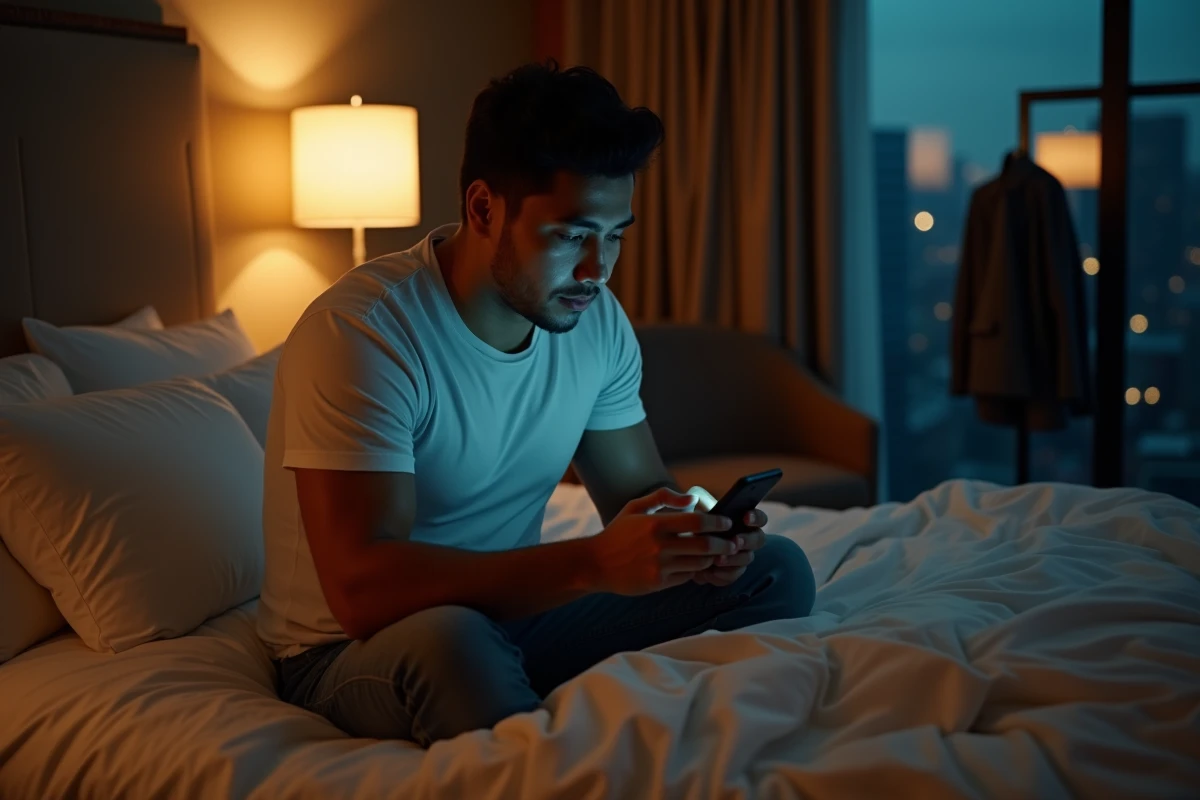 Homme assis seul sur le bord d'un lit d'hôtel la nuit, envoyant discrètement un message sur son téléphone, ambiance oppressante évoquant la double vie et la trahison affective liée au narcissisme