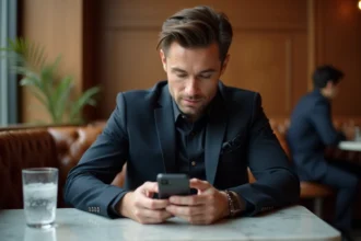 Homme narcissique en costume sombre assis seul dans un café haut de gamme, smartphone retourné sur la table, expression froide et distante illustrant la tromperie et le contrôle émotionnel