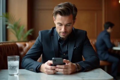 Homme narcissique en costume sombre assis seul dans un café haut de gamme, smartphone retourné sur la table, expression froide et distante illustrant la tromperie et le contrôle émotionnel