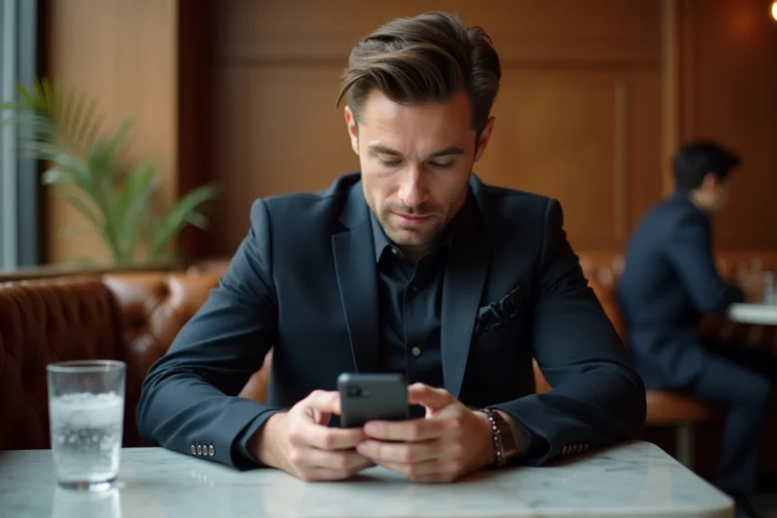 Homme narcissique en costume sombre assis seul dans un café haut de gamme, smartphone retourné sur la table, expression froide et distante illustrant la tromperie et le contrôle émotionnel