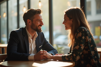 Homme marié souriant dans un café lumineux avec sa femme