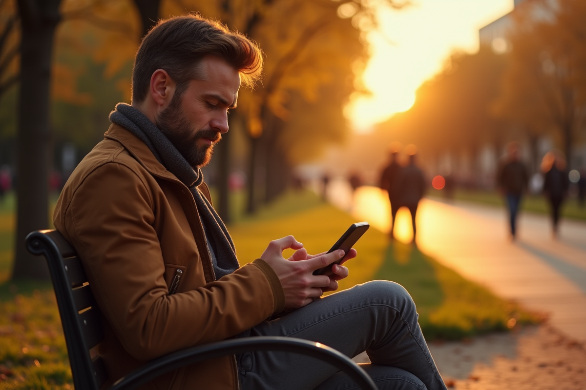 Homme marié seul sur un banc de parc regardant son téléphone