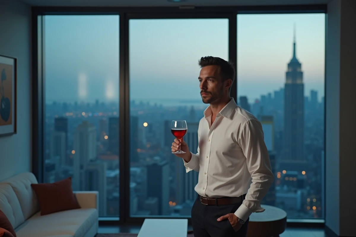 Homme séduisant et calculateur debout devant une fenêtre panoramique urbaine au crépuscule, verre de vin à la main, regard fuyant symbolisant la manipulation et le pouvoir dans l'infidélité narcissique