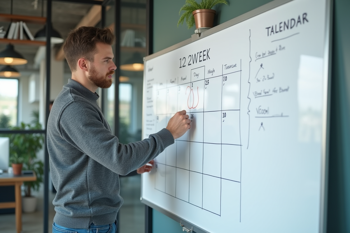 Jeune homme planifiant sur un tableau blanc au bureau