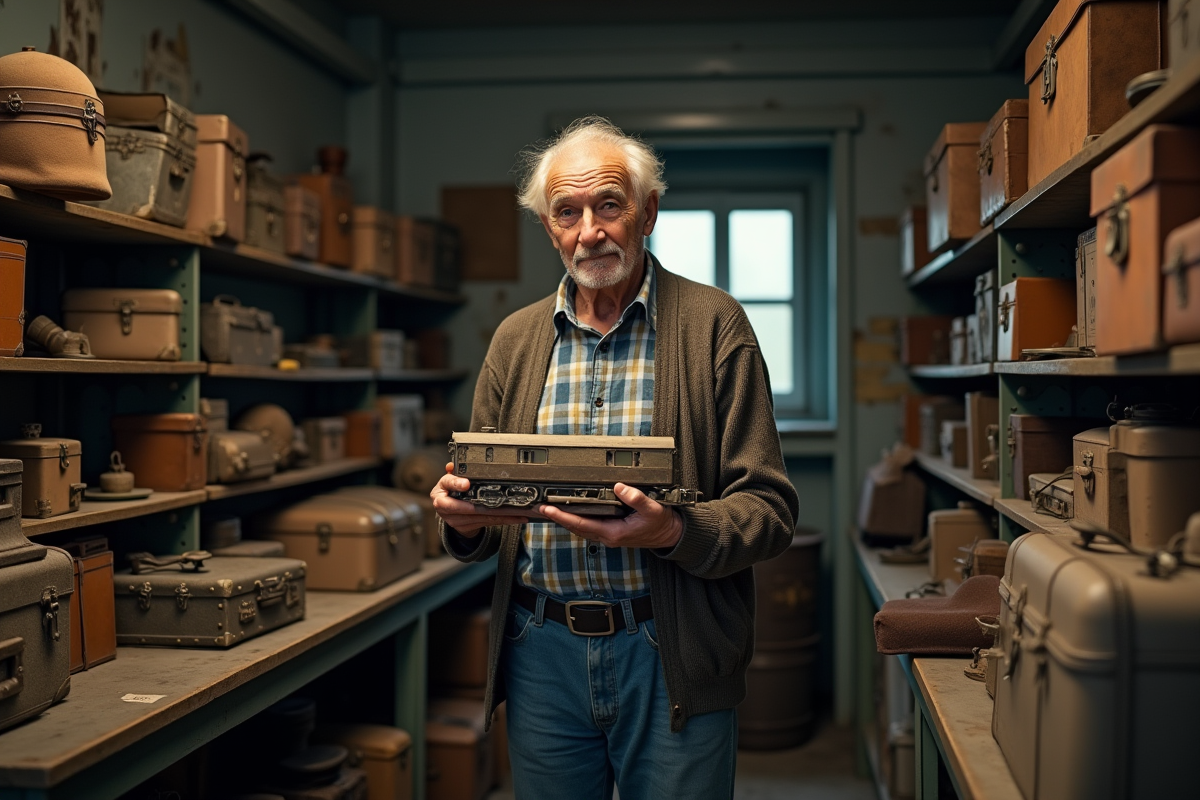Homme âgé tient un vieux train en bois dans un local de stockage