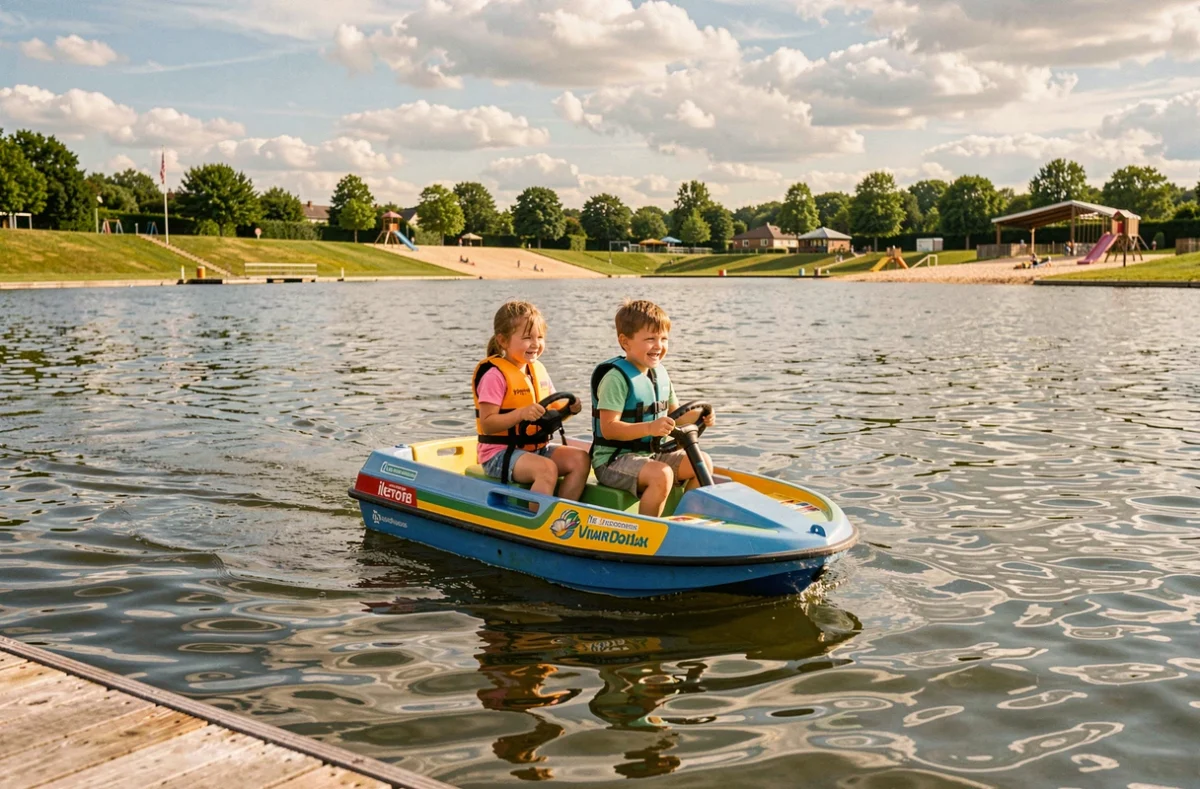 Une famille avec deux enfants en pédalo sur le lac de l'Île de loisirs de Cergy-Pontoise