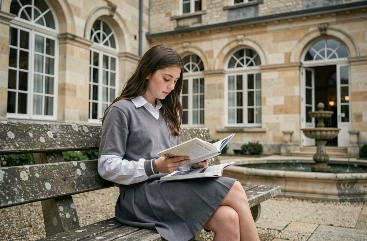 Une lycéenne étudie dans la cour intérieure de l'Institut Lemonnier à Caen