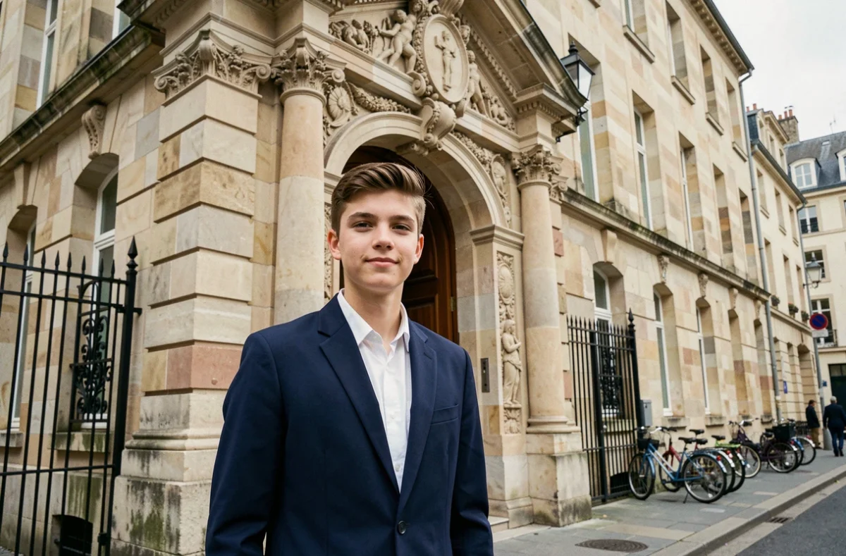 Un élève en uniforme devant le portail de l'Institution Saint-Joseph à Caen, école privée catholique