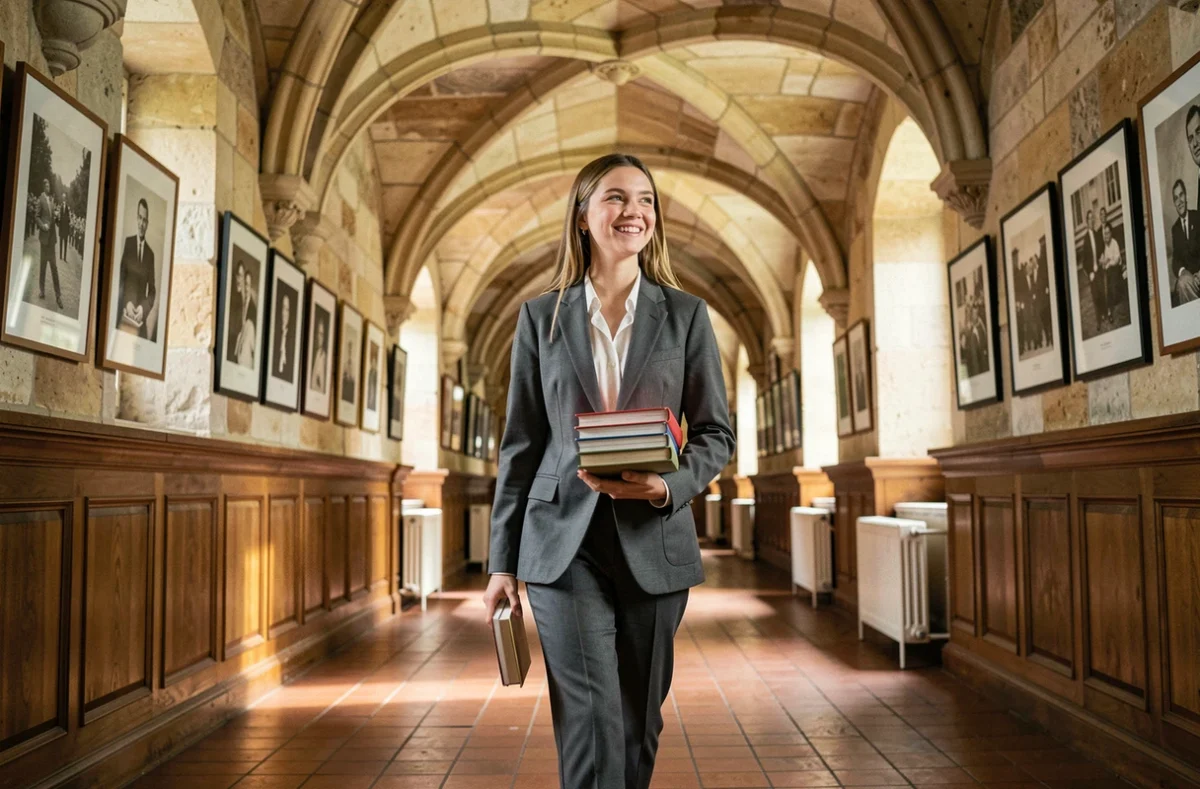 Une étudiante marche dans un couloir historique de l'Institution Saint-Pierre à Caen