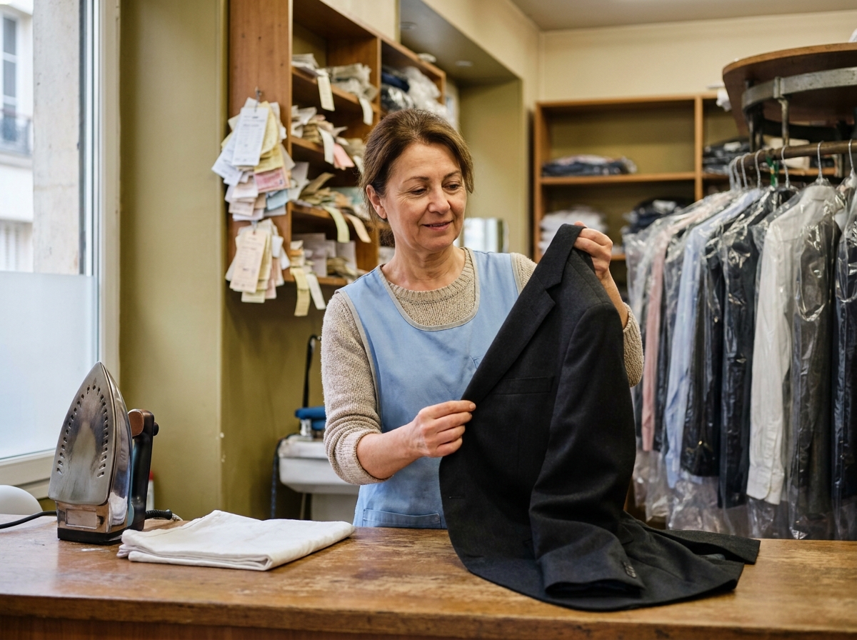 Employée de pressing parisien inspectant un costume sur mesure dans un atelier de nettoyage