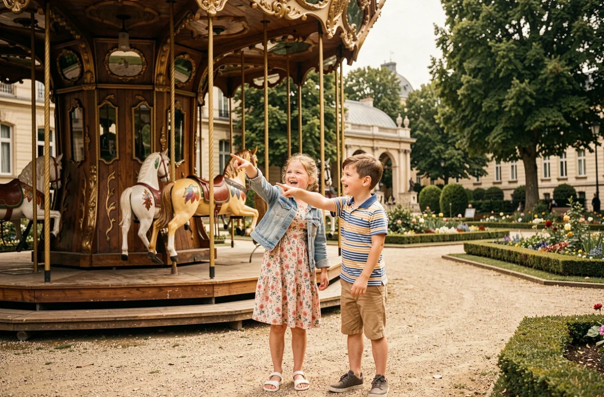 Deux enfants explorant avec enthousiasme le Jardin d'Acclimatation au bois de Boulogne à Paris