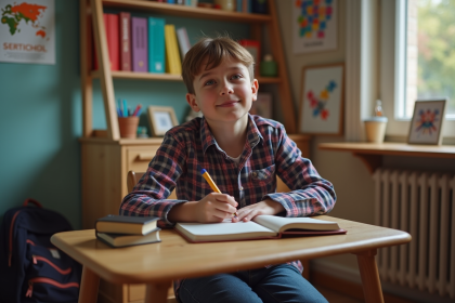 Jeune garçon de 15 ans écrit dans son cahier dans sa chambre