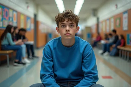 Jeune garçon assis seul dans le couloir scolaire