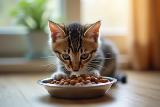 Jeune chaton tigré mange dans un bol en acier inoxydable