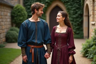 Jeune couple medieval dans la cour du château