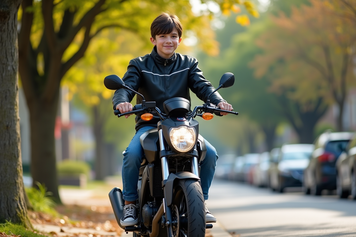 Jeune garçon de 15 ans sur sa moto en ville