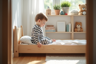 Jeune enfant assis sur un lit Montessori dans une chambre chaleureuse