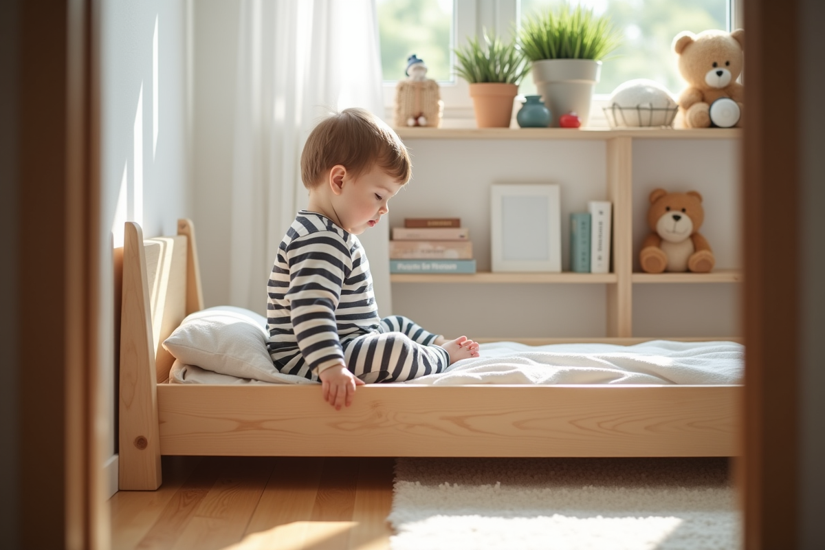 Jeune enfant assis sur un lit Montessori dans une chambre chaleureuse