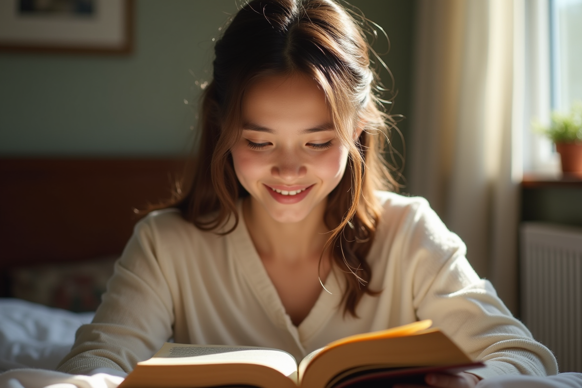 Jeune femme lisant un vieux livre dans une pièce lumineuse