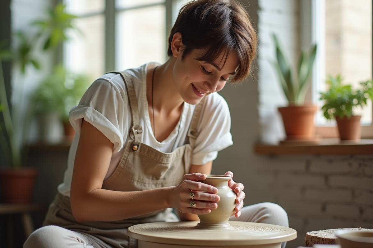 Jeune femme façonnant un vase en terre sur un tour de potier