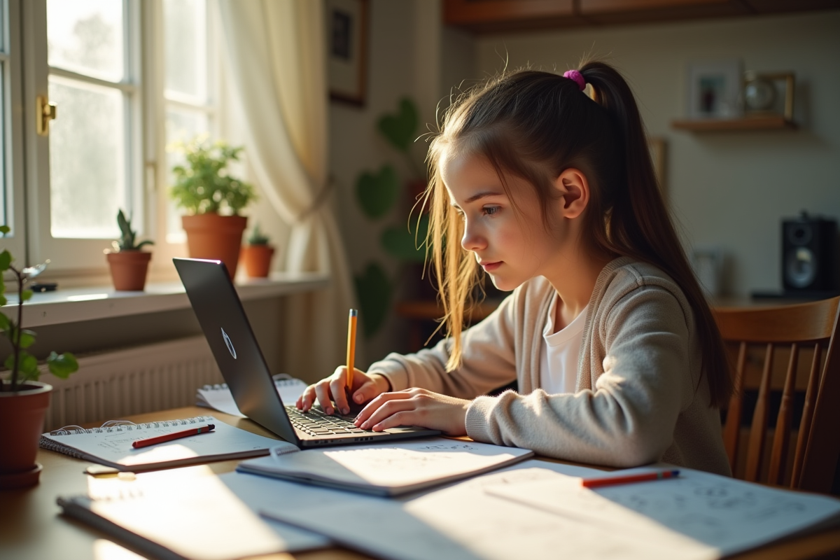 Jeune fille concentrée sur ses devoirs de mathématiques à la maison