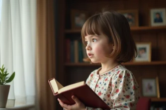 Jeune fille avec livre dans un intérieur chaleureux
