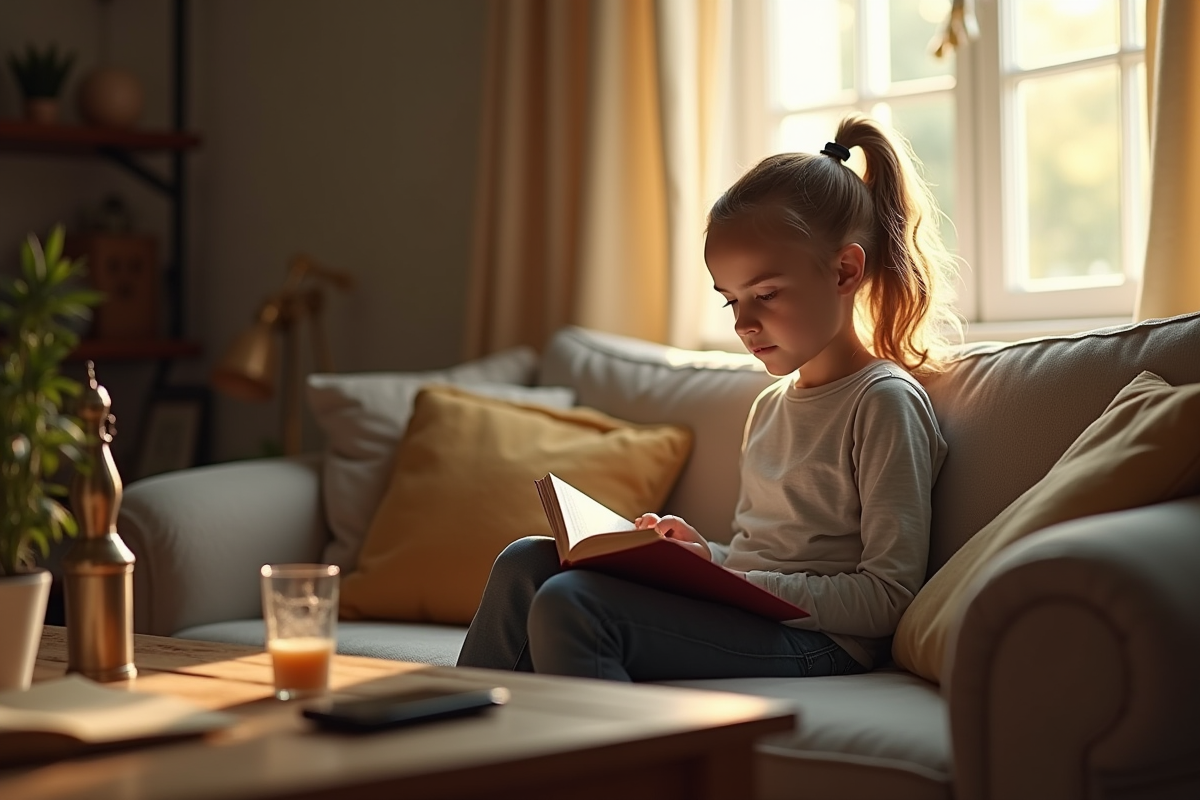 Jeune fille assise sur un canapé lisant un livre dans un salon cosy