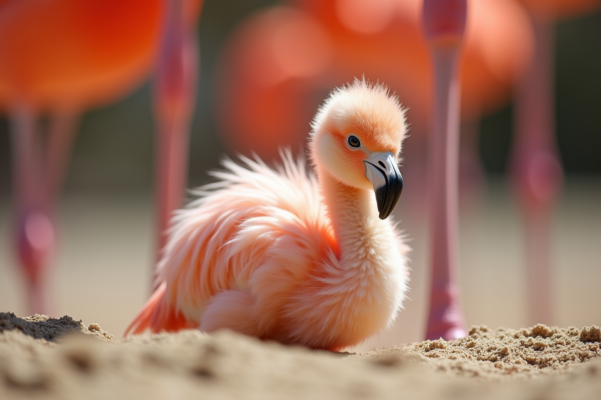 Jeune flamant rose en gros plan avec ses parents