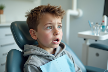 Garçon adolescent inquiet chez le dentiste avec dent en émergence