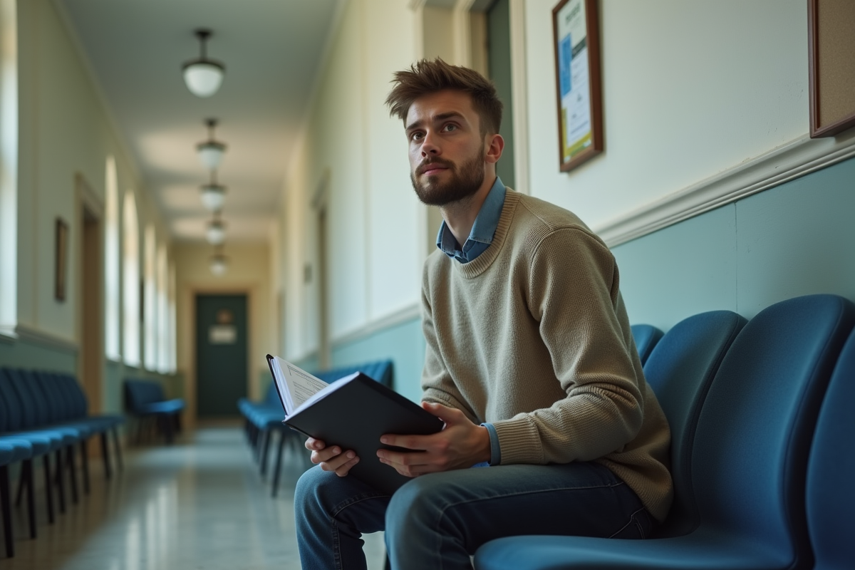 Jeune homme assis dans un hall d