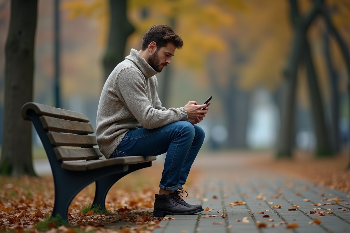 Jeune homme seul sur un banc de parc en automne avec feuilles
