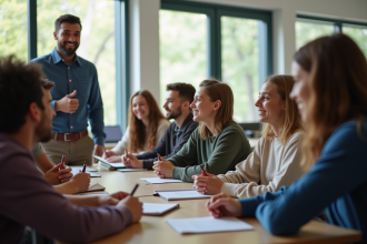 Groupe de jeunes en classe moderne en discussion avec un professeur