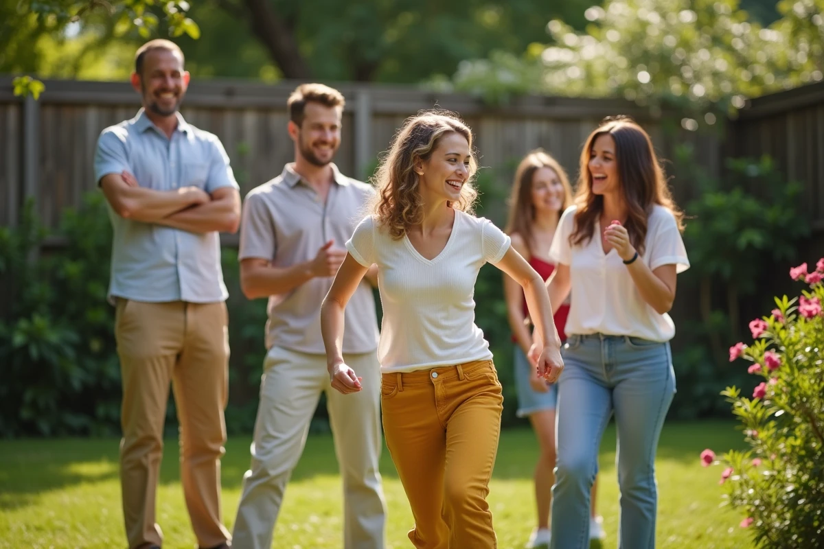 Adultes jouant à un jeu avec un ballon dans le jardin