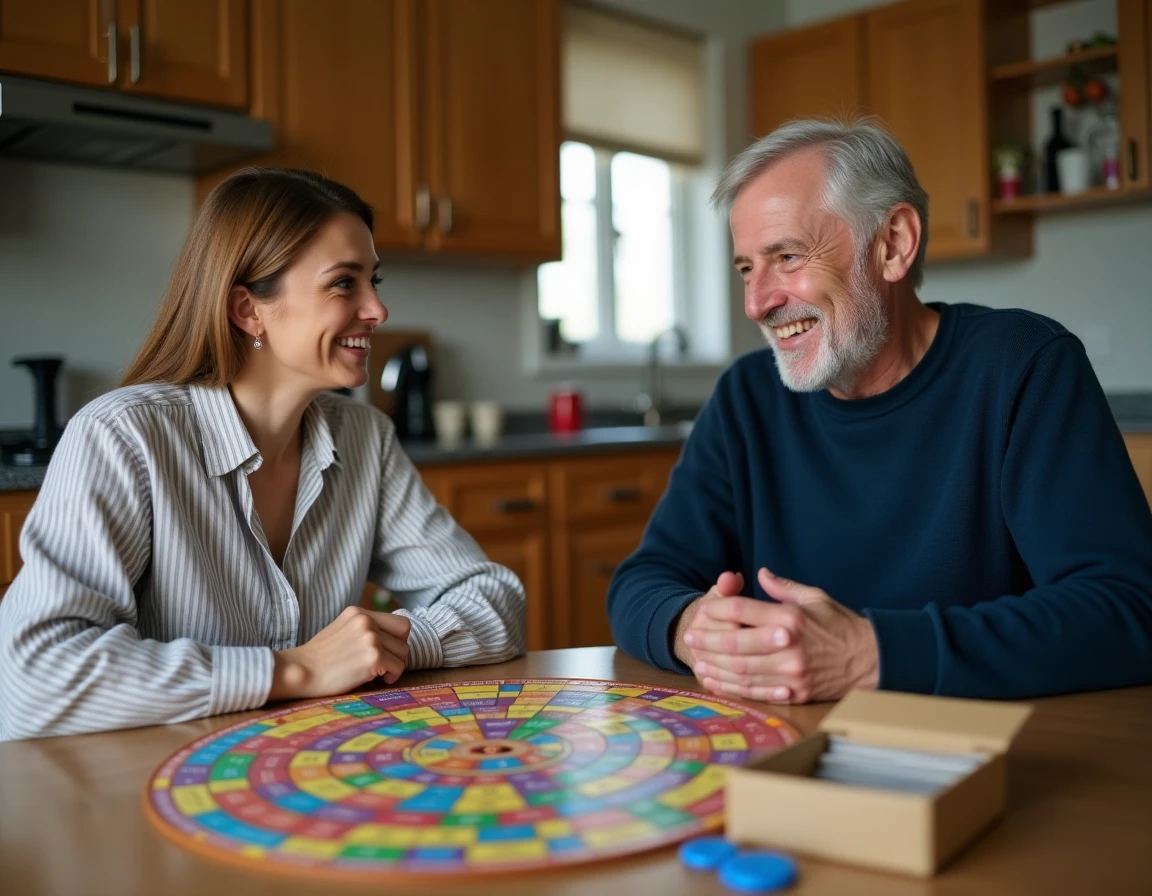 Deux joueurs adultes en train de jouer au Trivial Pursuit autour du plateau de jeu coloré
