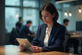 Femme en bureau de journalisme avec tablette et environnement professionnel