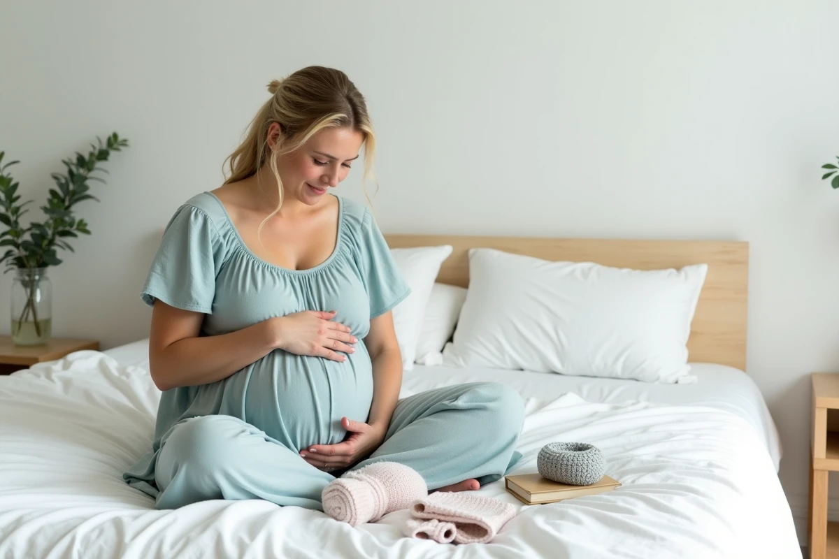 Future maman assise sur un lit entourée d'affaires de bébé, sourire ému et atmosphère intimiste