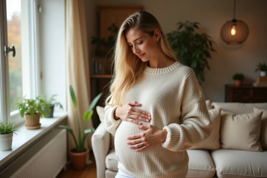 Femme enceinte blonde en pull crème tenant son ventre arrondi avec sérénité dans un salon chaleureux
