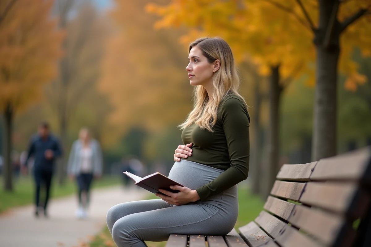 Femme enceinte pensive dans un parc automnal tenant un journal intime, entre joies et peurs de la maternité