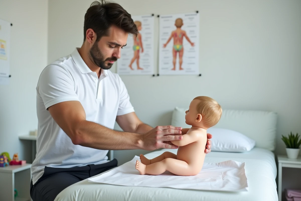 Kinésithérapeute pédiatrique montrant la posture correcte d'un nourrisson en position assise pour prévenir les tensions musculaires et dorsales