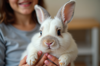 Lapin dwarf lop tenu par un enfant souriant à la maison