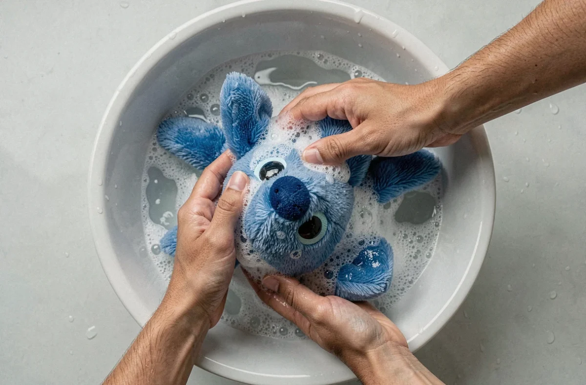 Mains adultes en train de laver à la main une peluche Stitch dans un évier avec de l'eau savonneuse, montrant la technique de lavage doux