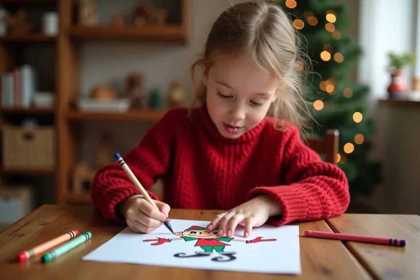 Petite fille coloriant une lettre lutin farçeur imprimée sur papier, assise à une table en bois décorée de crayons de couleur