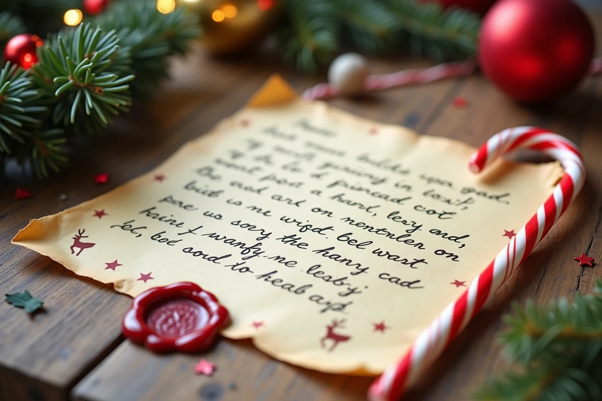 Gros plan sur une lettre manuscrite humoristique du Père Noël sur papier crème avec des doodles de rennes, un cachet de cire rouge et une canne en sucre