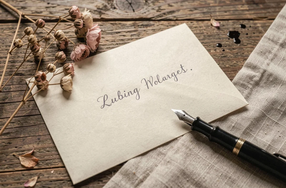 Enveloppe manuscrite cachetée posée sur une table en bois rustique avec une plume et une fleur séchée, symbole d'une lettre émotionnelle à une filleule
