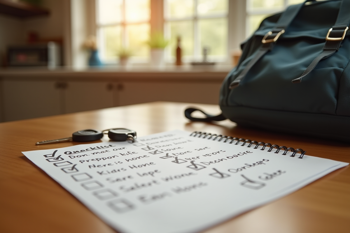 Liste manuscrite sur une table de cuisine avec clés et sac à dos
