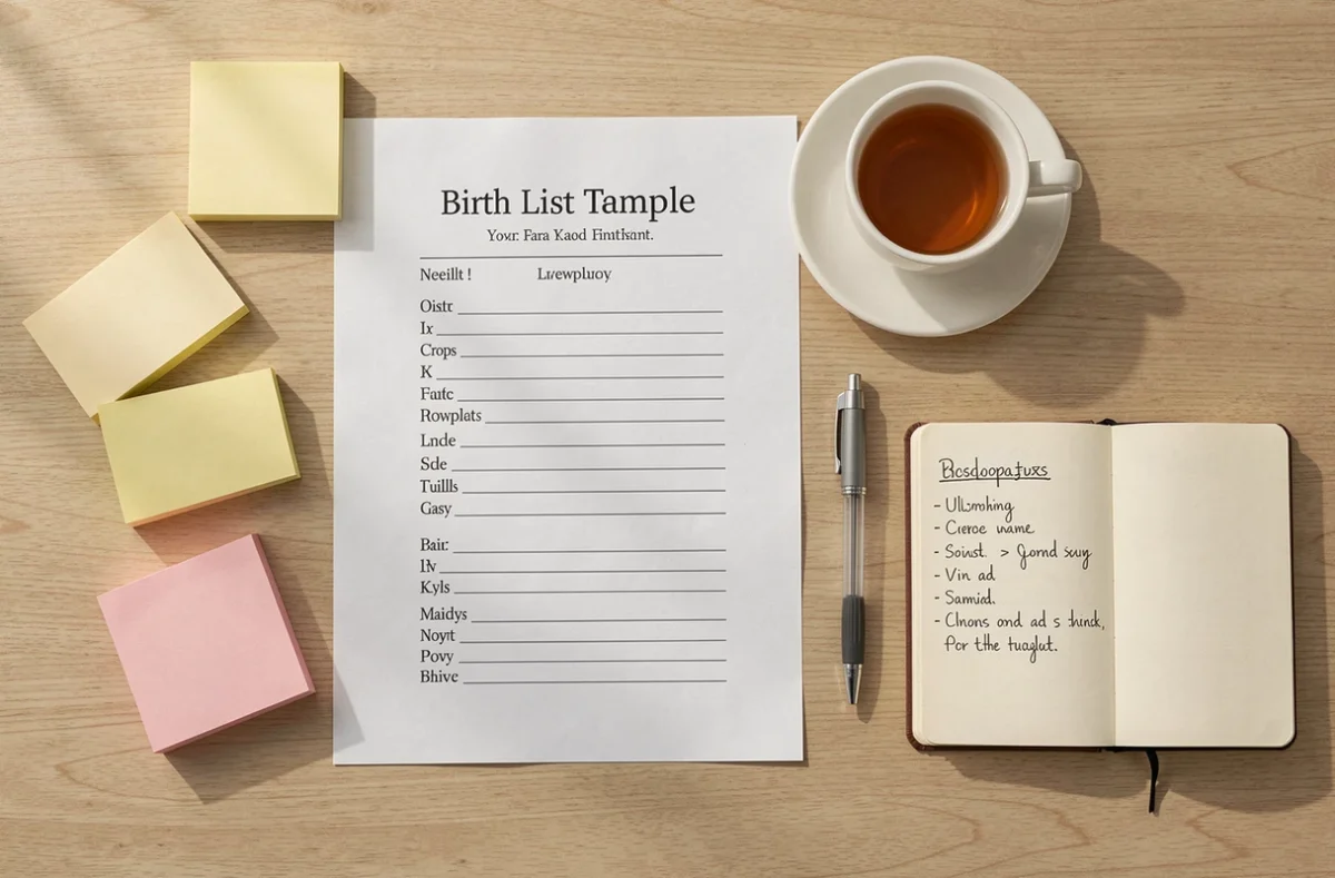 Vue de dessus d'une liste de naissance imprimée avec des notes manuscrites et des accessoires de bureau sur un bureau en bois clair
