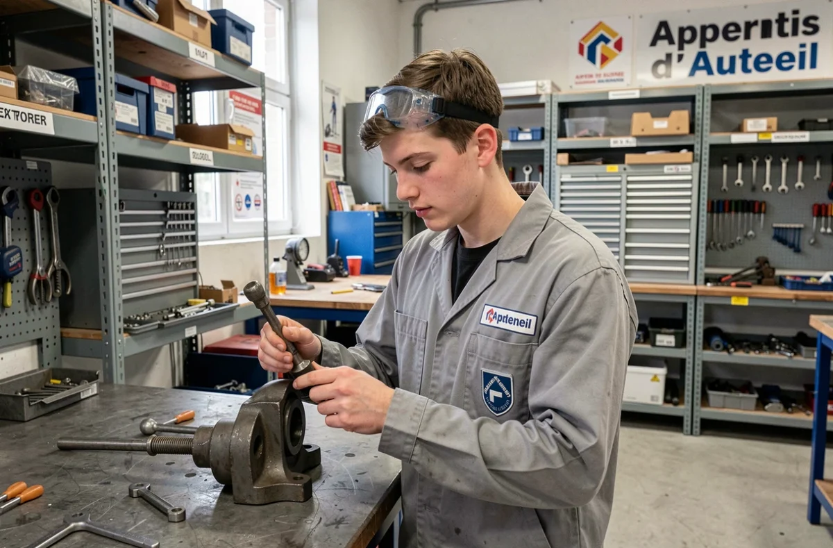 Un apprenti en uniforme de travail examine une pièce mécanique dans l'atelier du Lycée professionnel Victorine Magne des Apprentis d'Auteuil