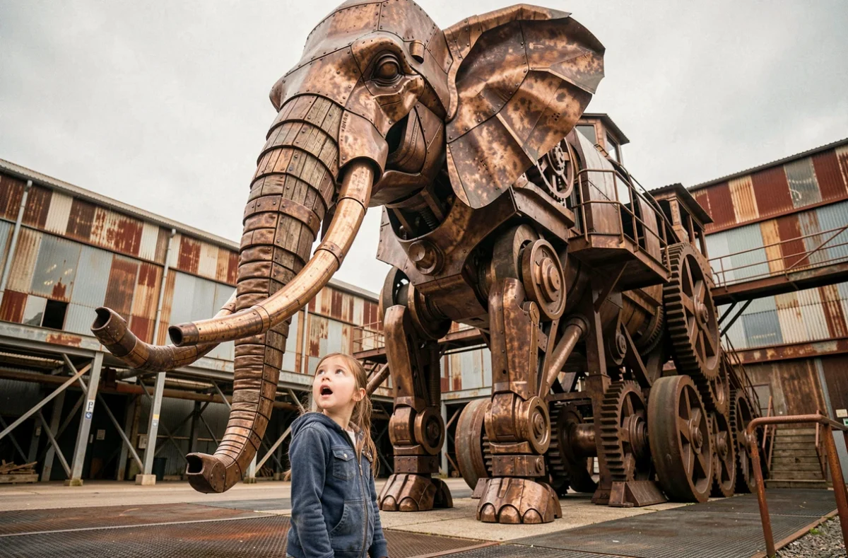 Petite fille émerveillée devant l'éléphant mécanique géant des Machines de l'Île à Nantes