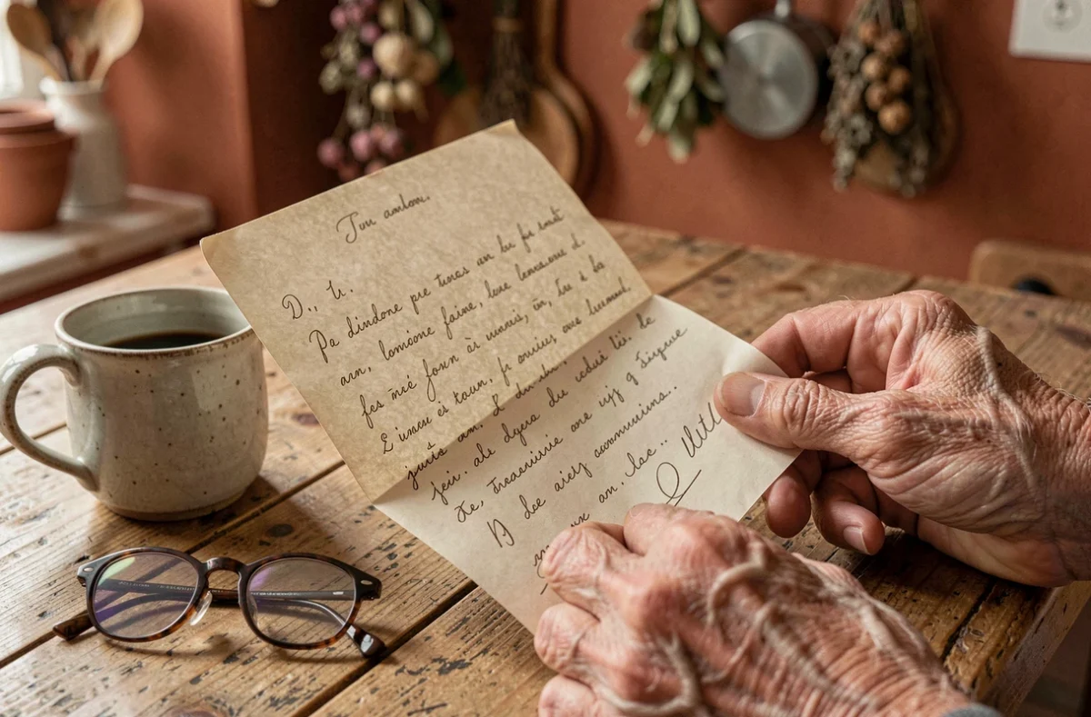 Mains de grand-père tenant une lettre manuscrite pour la fête des grands-pères