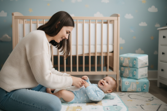Jeune maman changeant son bébé sur le tapis